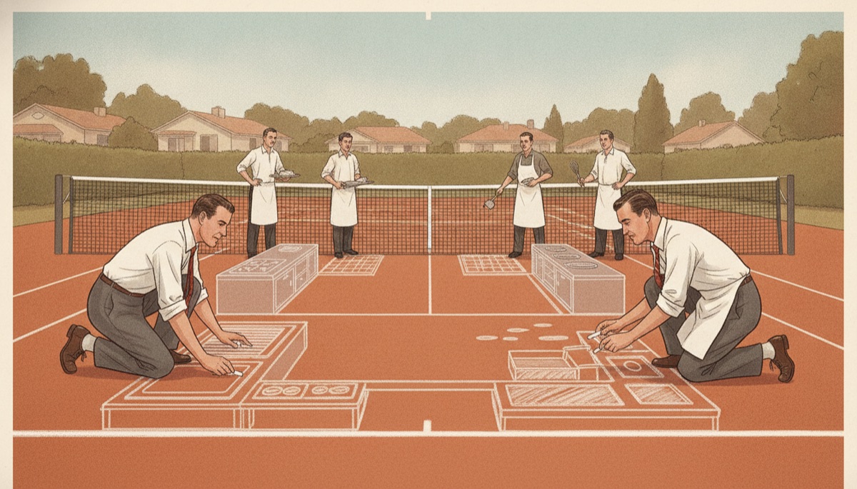 Los hermanos McDonald, de camisa y corbata, dibujando el plano de la cocina con tiza sobre una cancha de tenis mientras el personal con delantal ensaya los movimientos